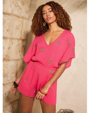 Love & Roses Embroidered V-Neck Playsuit - Pink