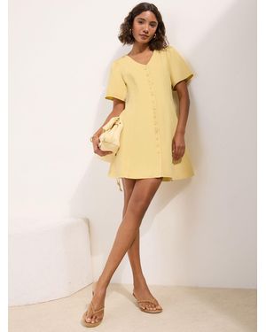 Friends Like These Angel Sleeve Button Denim Mini Dress - Natural