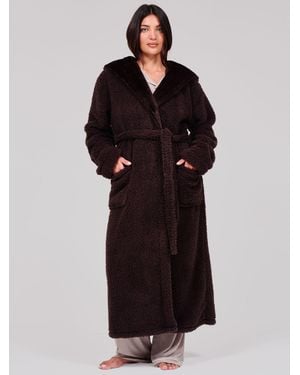 Loungeable Sherpa Maxi Dressing Gown With Luxury Fleece Lined Hoodie - Black