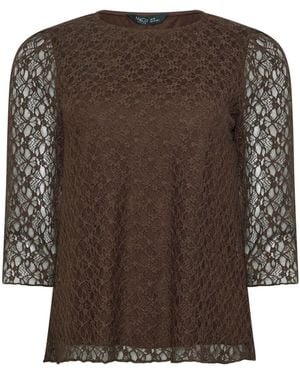 M Com Petite Lace 3/4 Sleeve Top - Brown