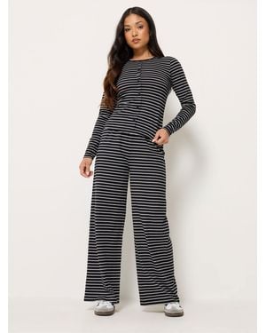 PixieGirl Petite Pixiegirl Petite Stripe Cotton Button Top & Wide Leg Pants Set - Black