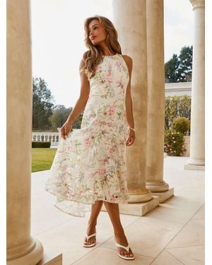 Lipsy Premium Floral Print All Over Lace Halter Tie Neck Midi Dress - Natural
