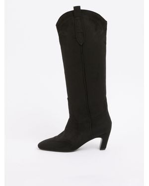 Love & Roses Faux Suede Pull On Western Low Heel Smart Long Boots - Black
