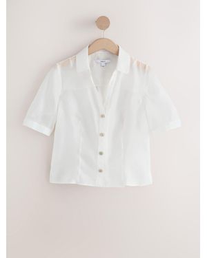 Next Sheer V-Neck Short Sleeve Shirt - Natural
