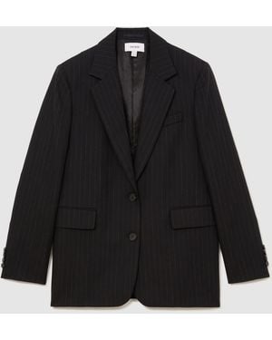 Reiss Beck Wool Pinstripe Single-Breasted Suit Blazer Relaxed-Fit - Black