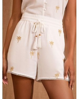 Love & Roses Embellished Palm Tree Beach Shorts - White