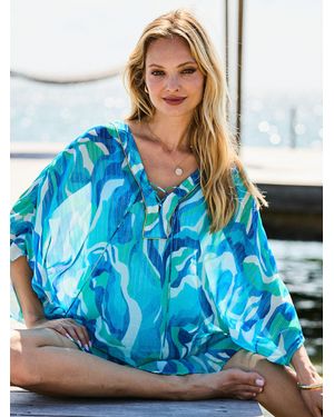 Sosandar Abstract Print Metallised Fiber Trim Kaftan With Beaded Coverups - Blue