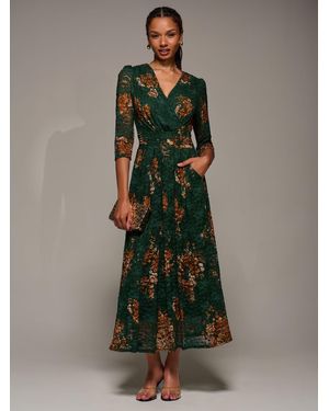 Jolie Moi Three Quarter Sleeve Printed Lace Maxi Dress - Green