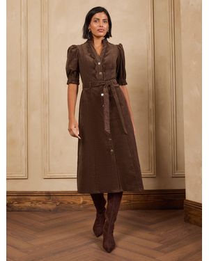 Love & Roses Chocolate Petite Cord Scallop Detail Midi Dress - Brown