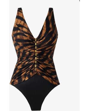 Miraclesuit Leopard Print With Centre Front Hardware Detail Tummy Control Swimsuit - Black