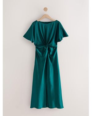 Next Textured Satin Short Sleeve Midi Dress - Green