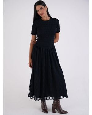 Amy Lynn Lacey Layered Floral Lace Shirred Midaxi Dress - Blue