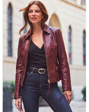 Sosandar Zip Detail Collared Leather Jacket