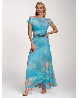 Jolie Moi Lace Insert Ruched Mesh Maxi Dress - Blue