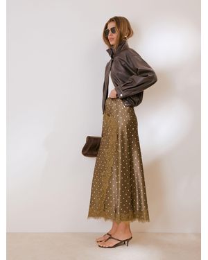 Friends Like These Petite Asymmetric Lace Hem Satin Midi Skirt - Natural