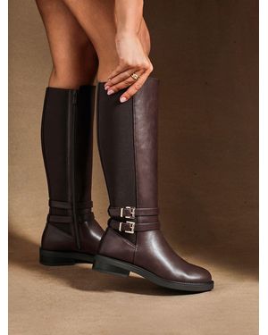 Linzi Fierce High Leg Boots With Double Buckle Detail - Brown