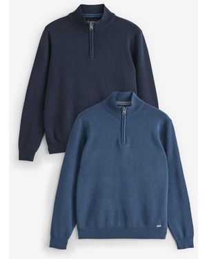 Threadbare Knitted Quarter Zip Sweaters 2 Pack - Blue