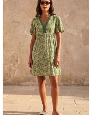 Roman Abstract Lace Trim Dress - Green