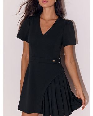 Lipsy V-Neck Short Sleeve Buckle Pleated Skirt Mini Dress - Blue
