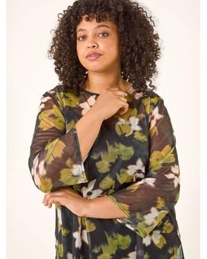 Roman Curve Floral Print Mesh Tunic Top - Green