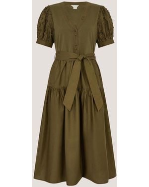 Monsoon Fawn V-Neck Appliqué Puff Short Sleeve Midi Dress - Green