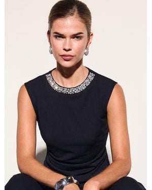 Friends Like These Embellished Neckline Shoulder Pad Top - Blue