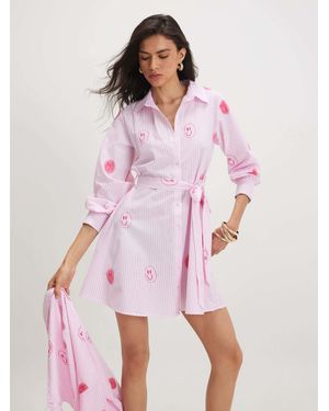 River Island Long Sleeve Stripe Happy Embroidered Belted Shirt Dress - Pink