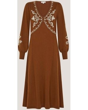 Monsoon Cleo V-Neck Embroidered Knit Midi Dress - Brown