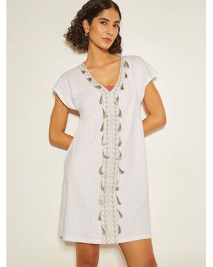 Monsoon Mini Jodie Tassel Beach 100% Cotton Tunic Dress - White