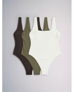 The Set 3 Pack Square Neck Swimsuits/Khaki/Cream - White