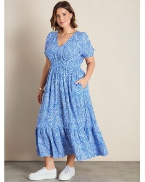 Live Unlimited Print Cheesecloth V-Neck Maxi Dress - Blue
