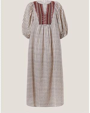 Monsoon Laila V-Neck Embellished Print Cropped Balloon Sleeve Cotton Midi Dress - Natural