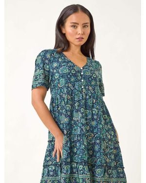 Roman Petite Paisley Print Tiered Dress - Blue