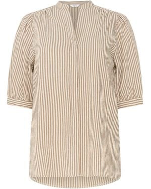 M Com Stripe Textured Puff Sleeve Shirt - Natural