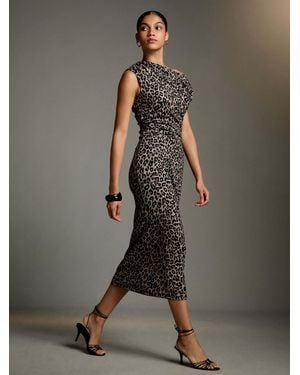 Next Off Shoulder Draped Ruched Occasion Midi Dress - Brown