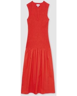 Reiss Annabel - Red Petite Cotton Shirred Midi Dress, Us 6