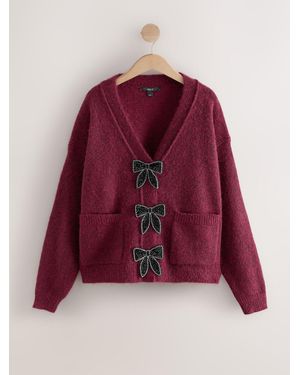 Next Bow Button Pocket Cardigan - Red
