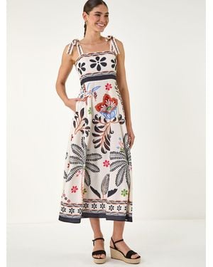 Roman Floral Palm Strappy Midi Dress - White
