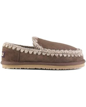 Mou Suede Full Eskimo Sheepskin Lined Stitch Moccasin Slippers - Brown
