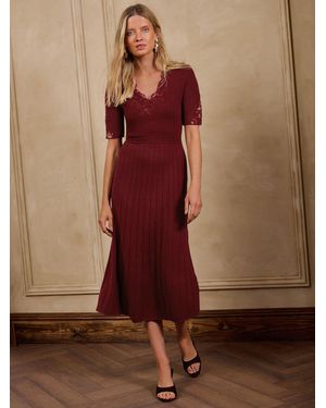 Love & Roses Lace Detail V-Neck Short Sleeve Knitted Midi Dress - Brown