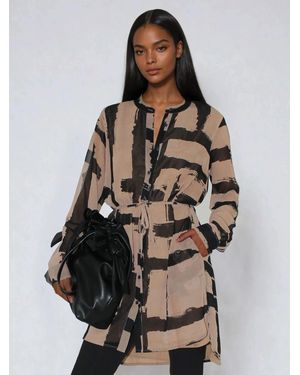 Religion Tory Button Through Kaftan Dress With Tie Waist Belt And Frill Detailing - Gray