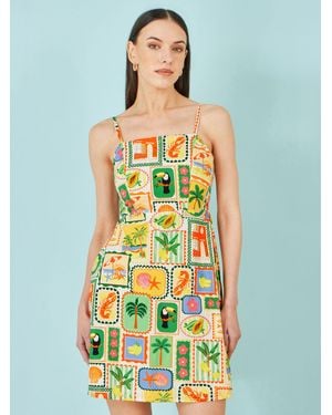 Yumi' Postcard Print Mini Sun Dress - Green