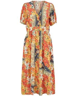 Yumi' Floral Patchwork Print Midi Shirt Dress - Orange