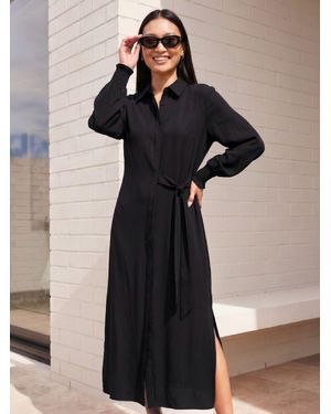 Roman Tie Waist Buttoned Shirt Dress - Black