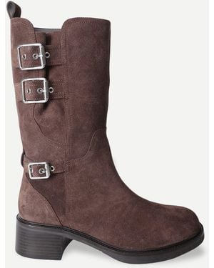 OFF THE HOOK Lumina Suede Buckle Strap Mid Calf Block Heel Boots - Brown