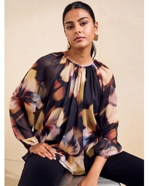 Friends Like These Floral Long Sleeve Chiffon Floaty Blouse - Black