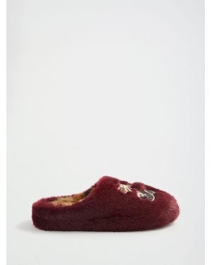 Lipsy Burgundy Comfort Cherry Soft Faux Fur Mule Slip On Slippers - Red
