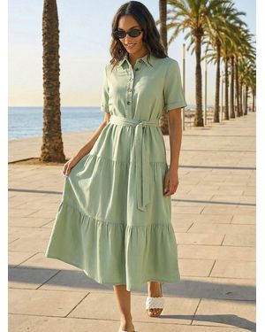 Roman Button Detail Tiered Midi Dress - Green