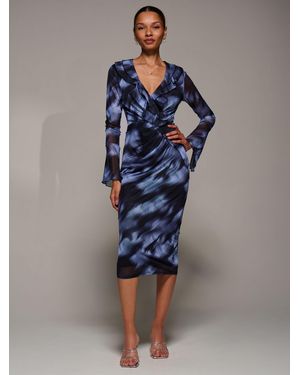 Jolie Moi Ruffle V-Neckline Mesh Bodycon Midaxi Dress - Blue