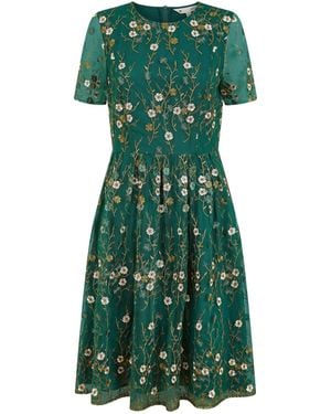 Yumi' Embroidered Floral Skater Dress - Green